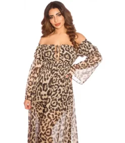 Leopardikuvioinen pitkähihainen off-shoulder mesh-maksimekko