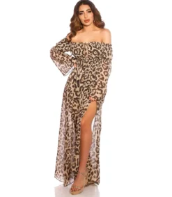 Leopardikuvioinen pitkähihainen off-shoulder mesh-maksimekko