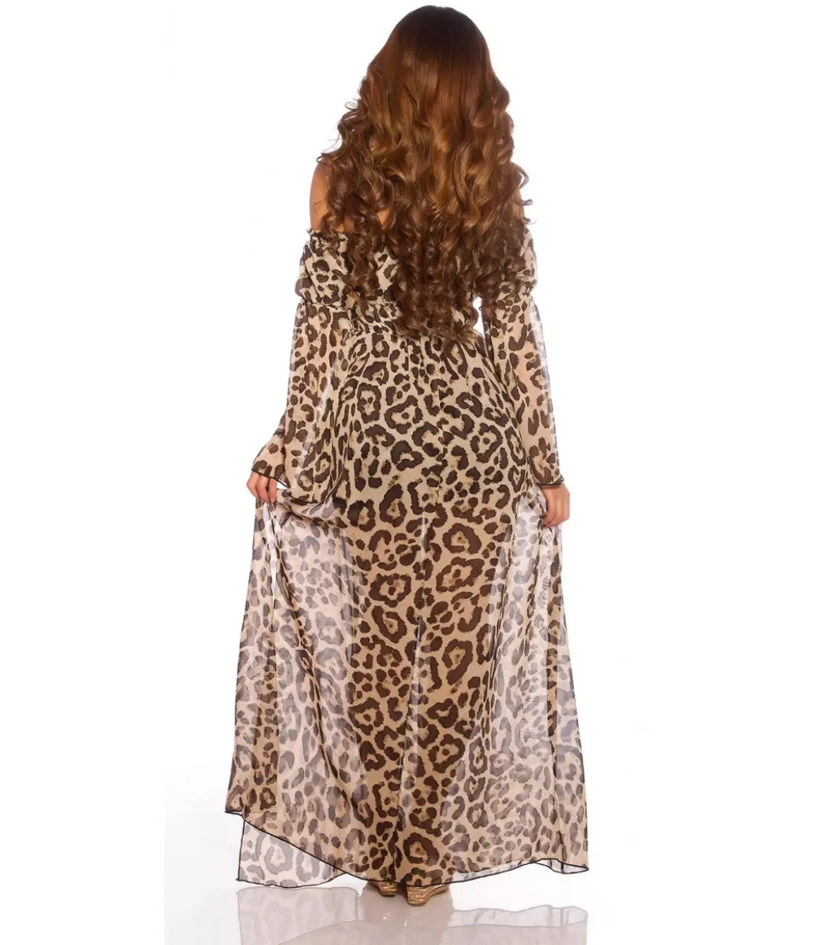Leopardikuvioinen pitkähihainen off-shoulder mesh-maksimekko