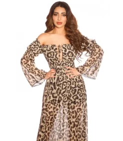 Leopardikuvioinen pitkähihainen off-shoulder mesh-maksimekko