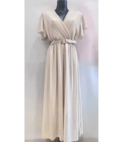 Mily beige lyhythihainen pitkä v-mekko vyöllä (plus size)