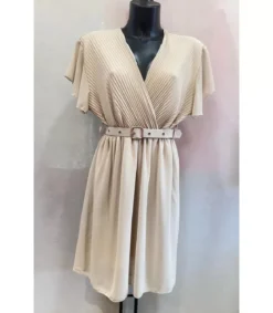 Mily beige lyhythihainen v-mekko vyöllä (plus size)