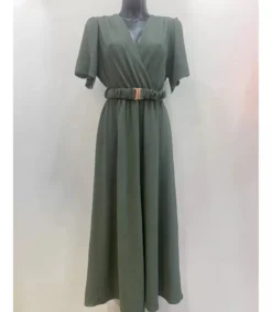 Mily khaki lyhythihainen v-maksimekko vyöllä (plus size)