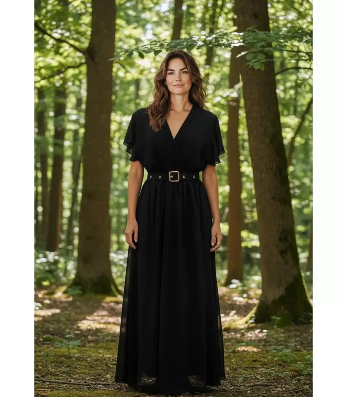 Mily musta lyhythihainen pitkä v-mekko vyöllä (plus size)
