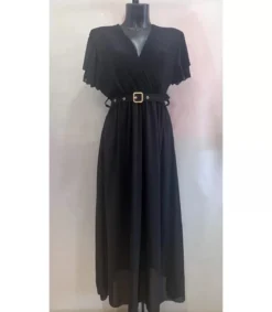 Mily musta lyhythihainen pitkä v-mekko vyöllä (plus size)