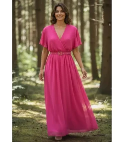 Mily pinkki lyhythihainen pitkä v-mekko vyöllä (plus size)