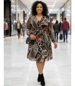 Mily pitkähihainen printtikuvioinen wrap-look v-mekko vyöllä (plus size)