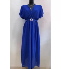 Mily sininen lyhythihainen pitkä v-mekko vyöllä (plus size)