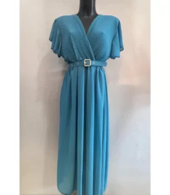 Mily teal lyhythihainen pitkä v-mekko vyöllä (plus size)