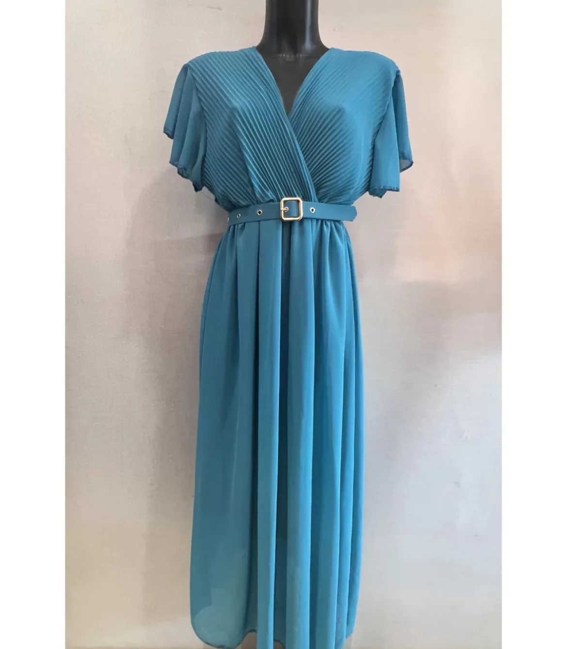 Mily teal lyhythihainen pitkä v-mekko vyöllä (plus size)
