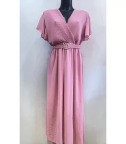 Mily vaaleanpunainen lyhythihainen pitkä v-mekko vyöllä (plus size)