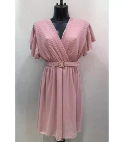 Mily vaaleanpunainen lyhythihainen v-mekko vyöllä (plus size)