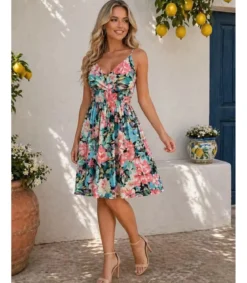 Miss Sara värikäs kukkakuvioinen v-kesämekko