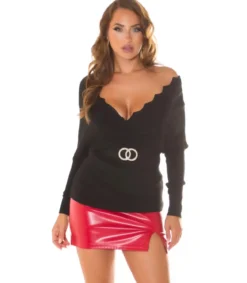 Musta aaltoileva wrap-look v-neule strassisoljella
