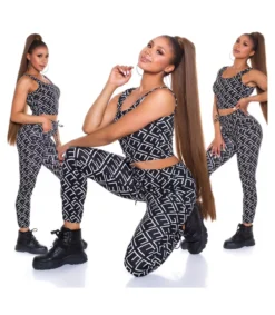 Musta crop top printtikuvioinen joggerisetti