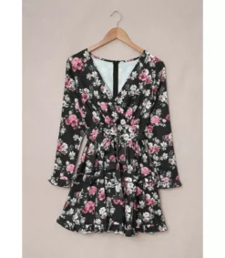 Musta kukkakuvioinen pitkähihainen wrap-look v-mekko