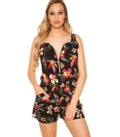 Musta kukkakuvioinen vetoketjukoristeinen playsuit