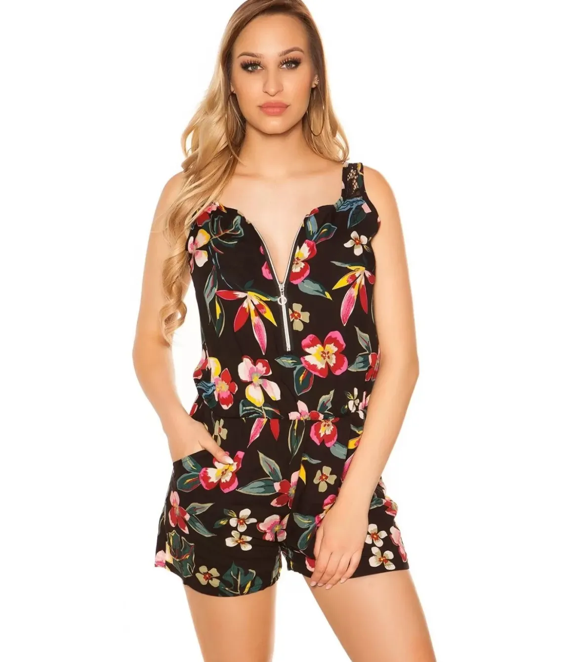 Musta kukkakuvioinen vetoketjukoristeinen playsuit