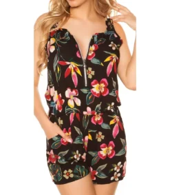 Musta kukkakuvioinen vetoketjukoristeinen playsuit