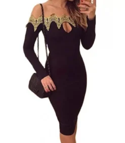 Musta kultakirjailtu off-shoulder midimekko