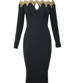 Musta kultakirjailtu off-shoulder midimekko