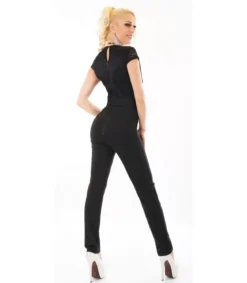 Musta lyhythihainen v-jumpsuit pitsillä ja vyöllä