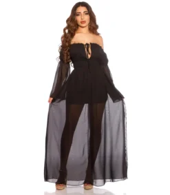 Musta pitkähihainen off-shoulder mesh-maksimekko