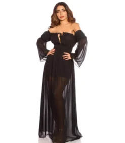 Musta pitkähihainen off-shoulder mesh-maksimekko