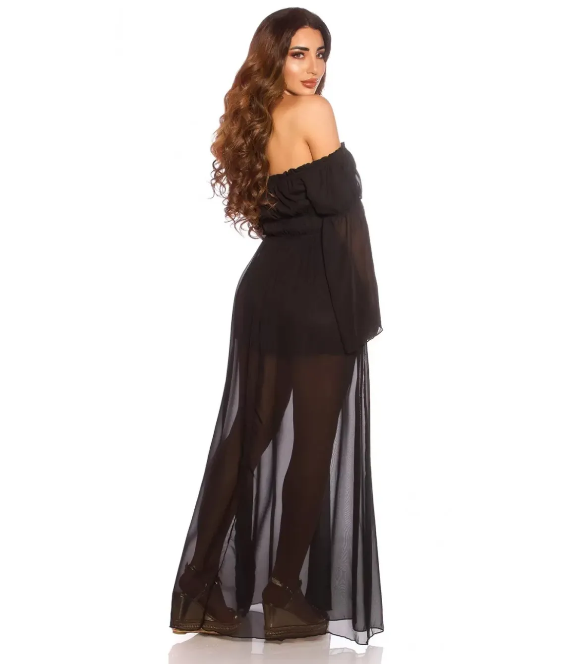 Musta pitkähihainen off-shoulder mesh-maksimekko
