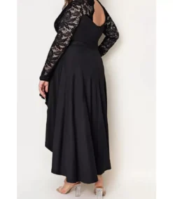 Musta pitsihihainen high low -juhlamekko (plus size)