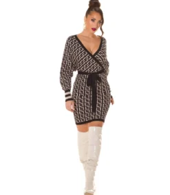 Musta printtikuvioinen wrap-look v-neulemekko lepakkohihoilla ja vyöllä