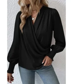 Musta pussihihainen wrap-look v-pusero