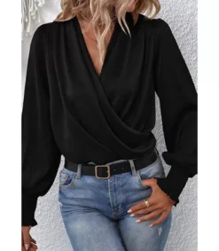 Musta pussihihainen wrap-look v-pusero