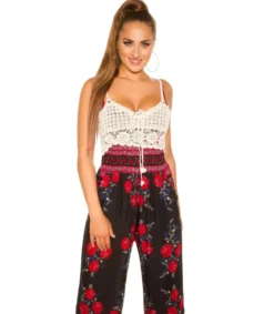 Musta ruusukuvioinen jumpsuit virkkauksella