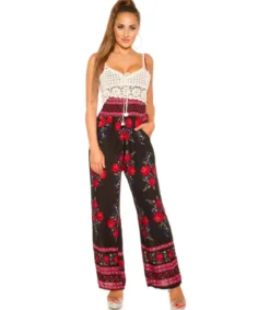 Musta ruusukuvioinen jumpsuit virkkauksella