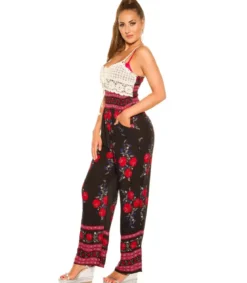Musta ruusukuvioinen jumpsuit virkkauksella