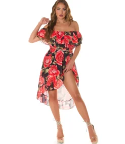 Musta ruusukuvioinen off-shoulder high low -mekko ketjuvyöllä