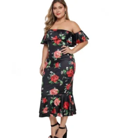 Musta ruusukuvioinen off-shoulder midimekko (plus size)