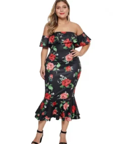 Musta ruusukuvioinen off-shoulder midimekko (plus size)