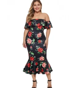 Musta ruusukuvioinen off-shoulder midimekko (plus size)
