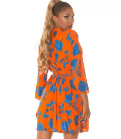Oranssisininen kukkakuvioinen wrap-look v-mekko