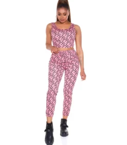 Pinkki crop top printtikuvioinen joggerisetti