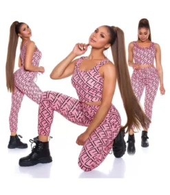 Pinkki crop top printtikuvioinen joggerisetti