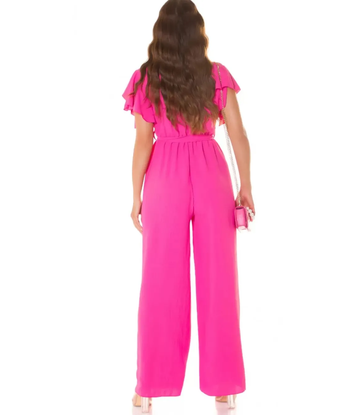 Pinkki lyhythihainen leveälahkeinen v-jumpsuit vyöllä