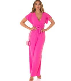 Pinkki lyhythihainen leveälahkeinen v-jumpsuit vyöllä