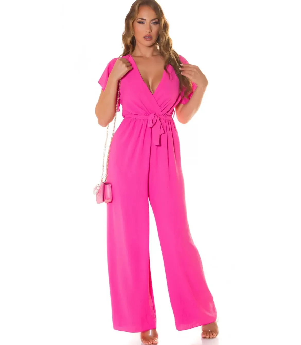 Pinkki lyhythihainen leveälahkeinen v-jumpsuit vyöllä