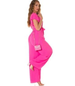 Pinkki lyhythihainen leveälahkeinen v-jumpsuit vyöllä