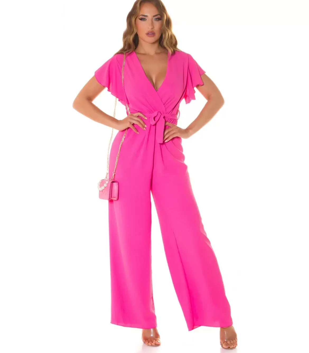 Pinkki lyhythihainen leveälahkeinen v-jumpsuit vyöllä