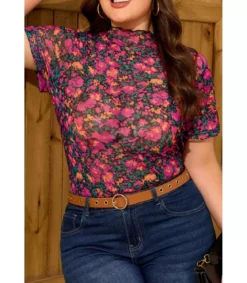 Pinkki lyhythihainen mesh-kukkapaita (plus size)
