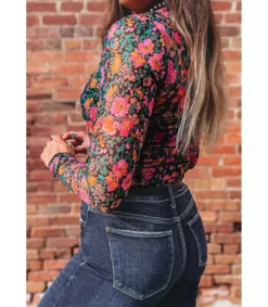 Pinkki pitkähihainen mesh-kukkapaita (plus size)